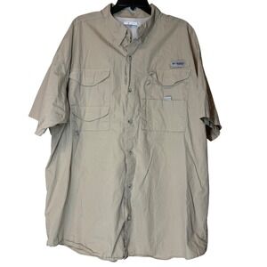 Columbia PFG Fishing Shirt Mens XXL Tan Short Sleeve Vented Utility Pockets
